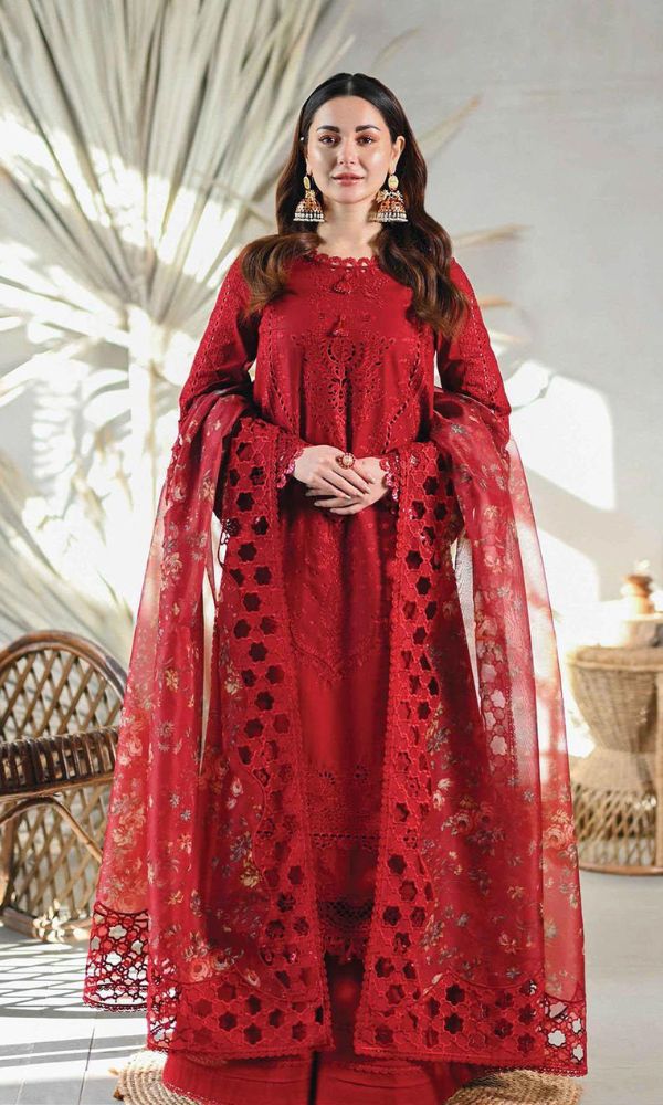 Lawn 3pc unstitched heavy chikankari embroidered suit with embroidered dupatta