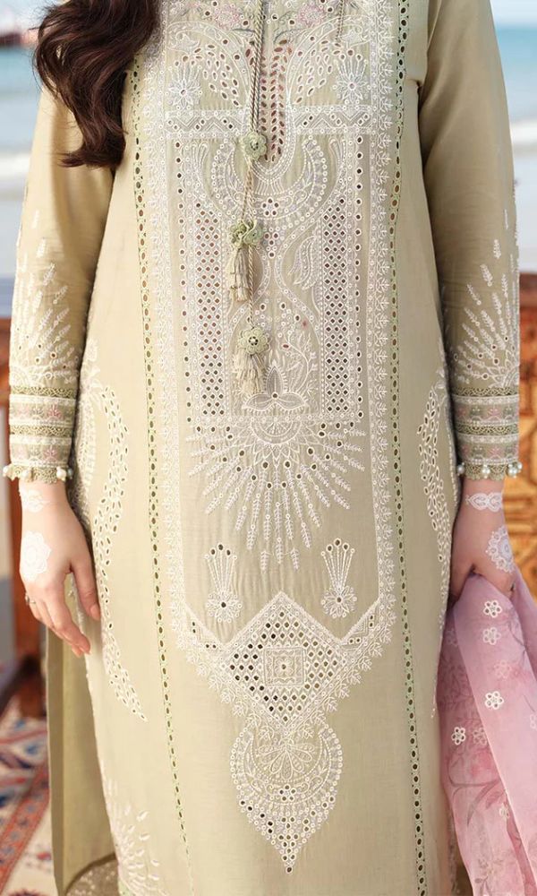 Lawn 3pc unstitched chiken kari heavy embroidered suit with poly lawn digital printed dupatta
