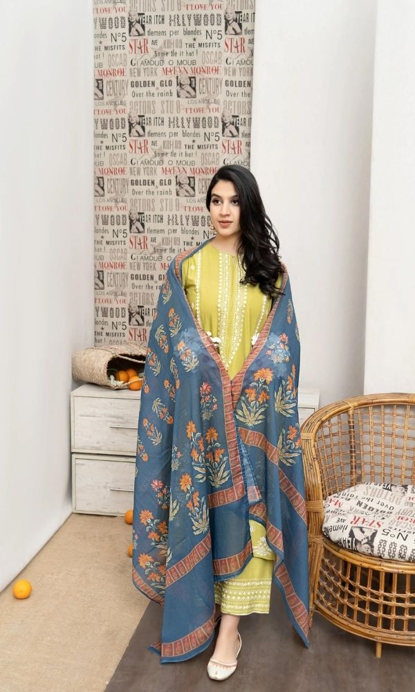 Dhanak 3pc unstitched embroidered shirt with embroidered trouser