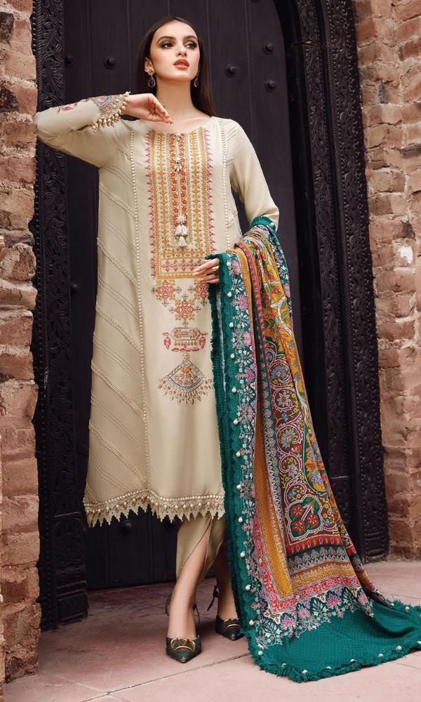 Dhanak 3pc heavy embroidered shirt with digital printed wool shawl