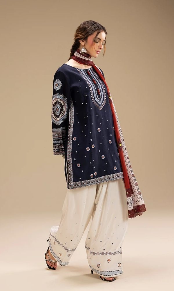 Dhanak 3pc unstitched embroidered suit with digital printed wool shawl