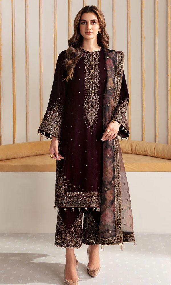 velvet 3pc unstitched heavy sequence embroidered suit with patches and embroidered dupatta and embroidered trouser