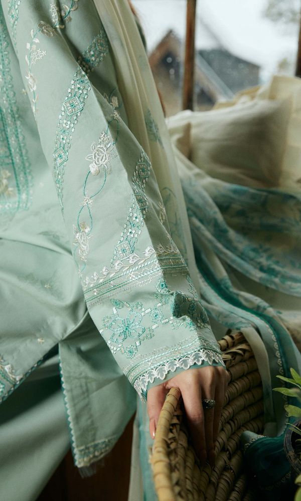 Lawn 3pc heavy embroidered suit with digital printed dupatta and trouser patches