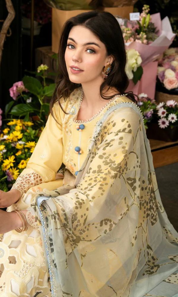 Lawn 3pc unstitched chikankari embroidered suit with digital printed dupatta