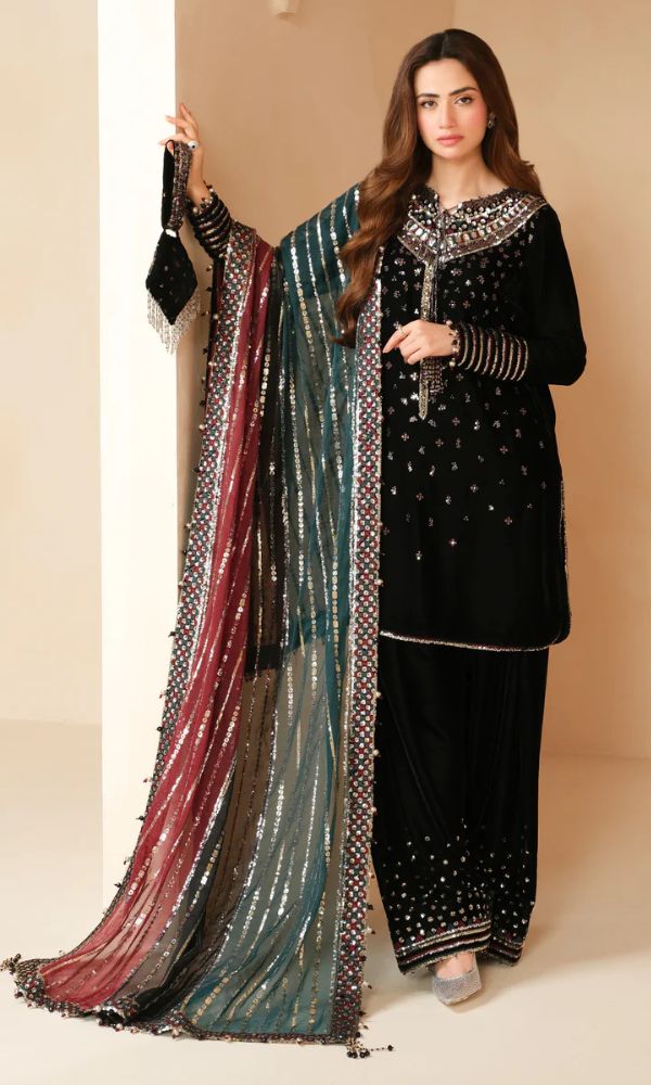 Velvet 3pc unstitched heavy sequence embroidered suit