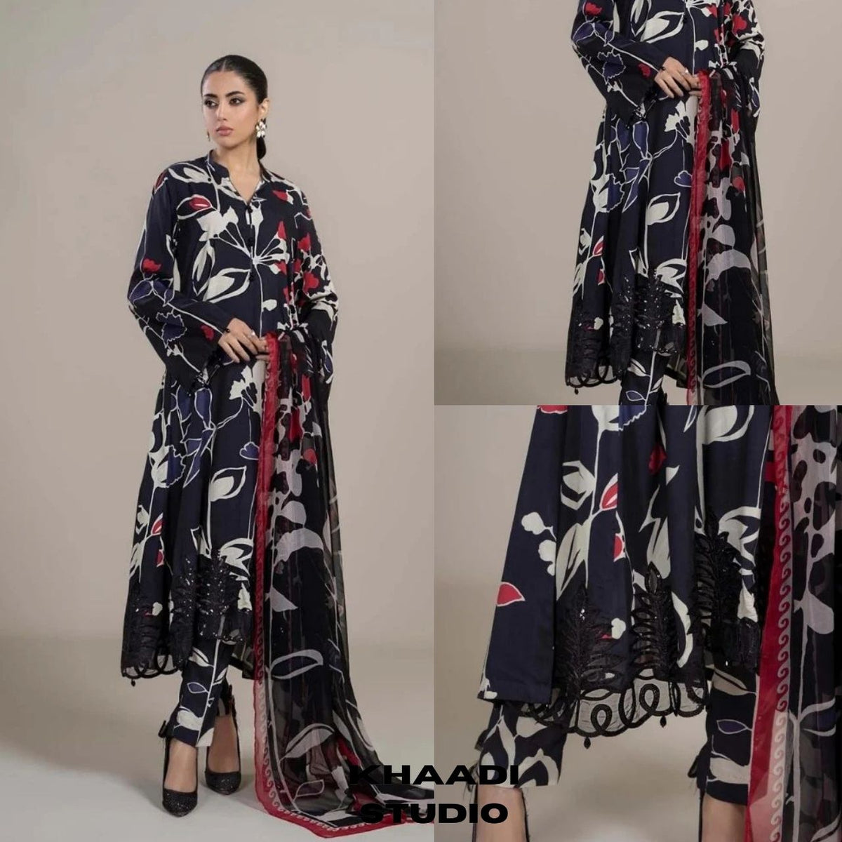 Lawn 3pc digital printed suit with silk digital printed dupatta with patches