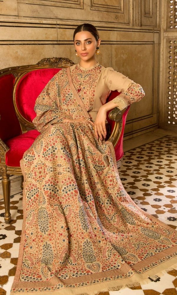Dhanak unstitched 3pc heavy embroidered shirt with heavy embroidered shawl