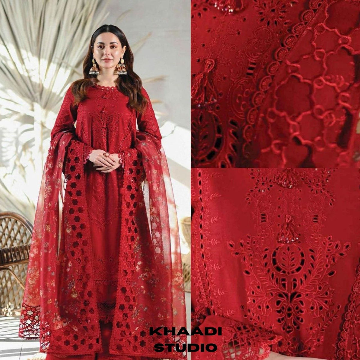 Lawn 3pc unstitched heavy chikankari embroidered suit with embroidered dupatta