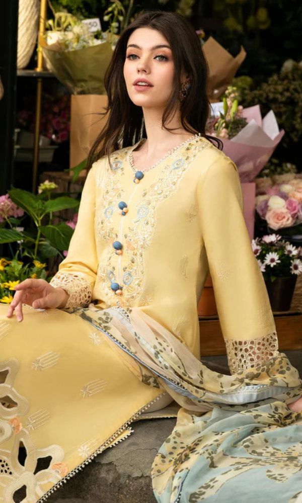 Lawn 3pc unstitched chikankari embroidered suit with digital printed dupatta