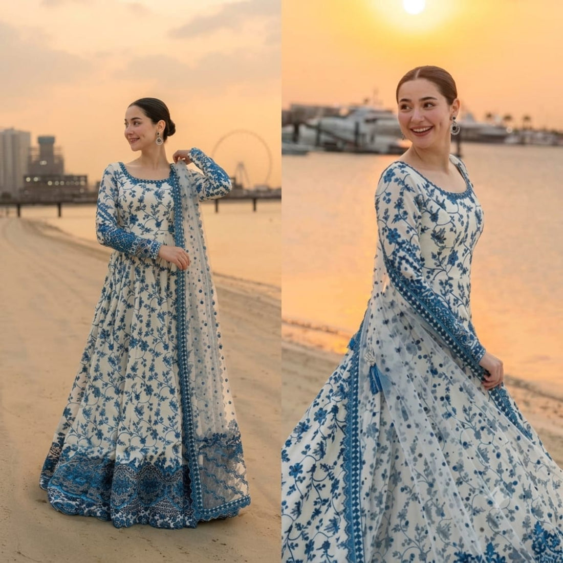 Women's blue and white floral embroidered lawn 4 piece suit with organza dupatta

This describes the visible:

Women’s suit
Blue and white color
Floral design
Lawn suit
4-piece
Organza dupatta