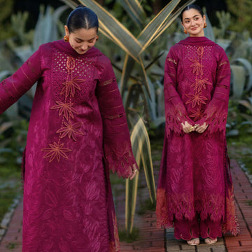 3 Piece Unstitched Lawn Suit with Fully Embroidered Shirt, Sleeves, Embroidered Dupatta Pallu, Plain Trouser and Embroidered Neck and Daman Patches