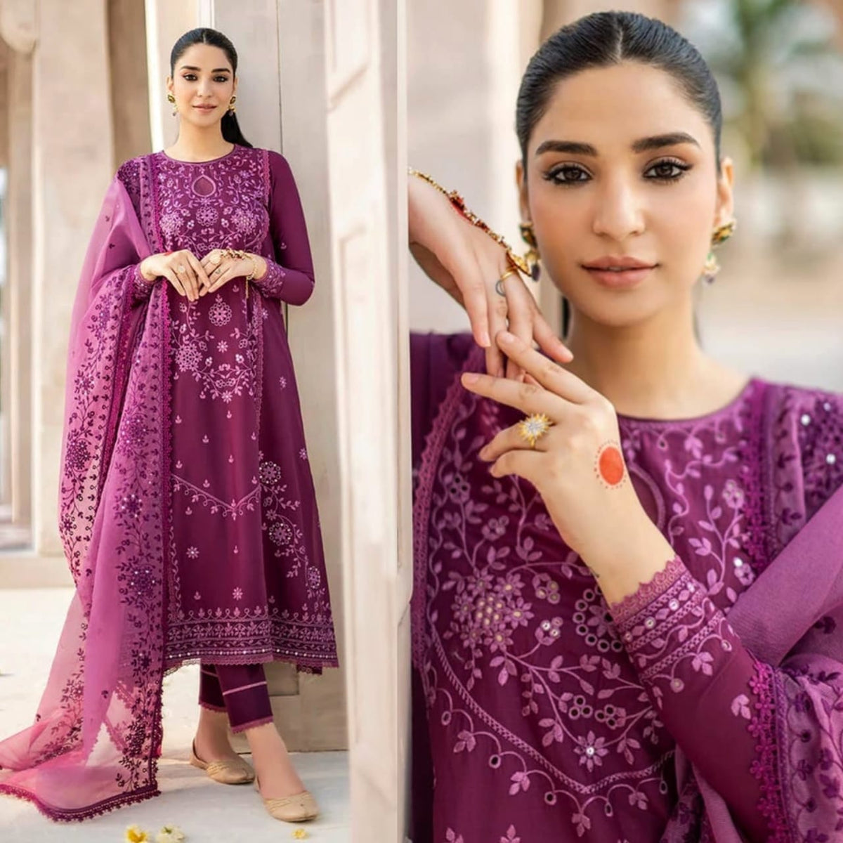Embroidered Lawn 3 Piece Unstitched Suit with Embroidered Front, Sleeve and Patches, Organza Dupatta, Plain Lawn Trouser and Back