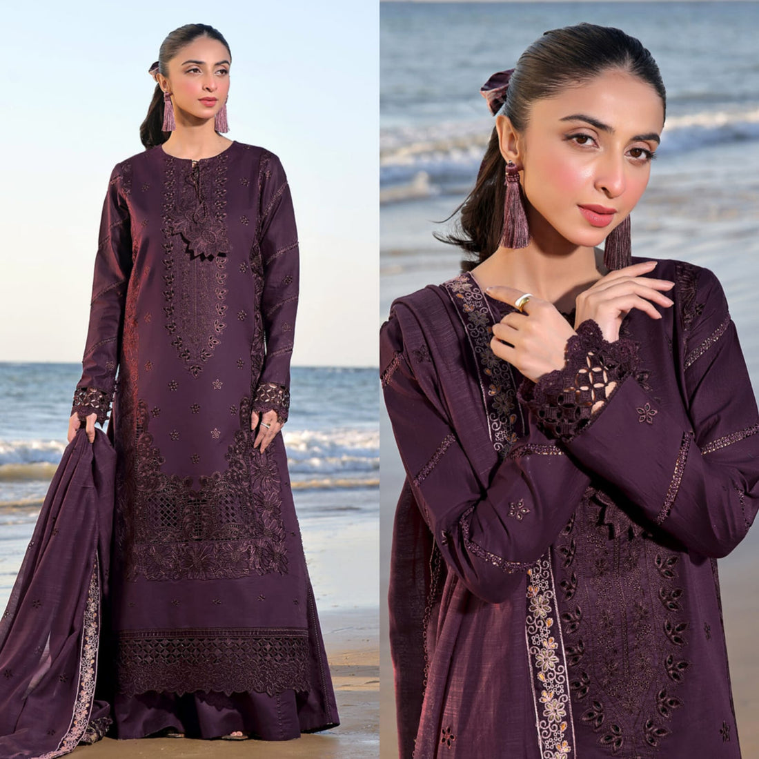 Sequins Embroidered Lawn 3 Piece Unstitched Suit with Embroidered Front, Daman Patch, Sleeves, Lawn Dupatta and Plain Trouser