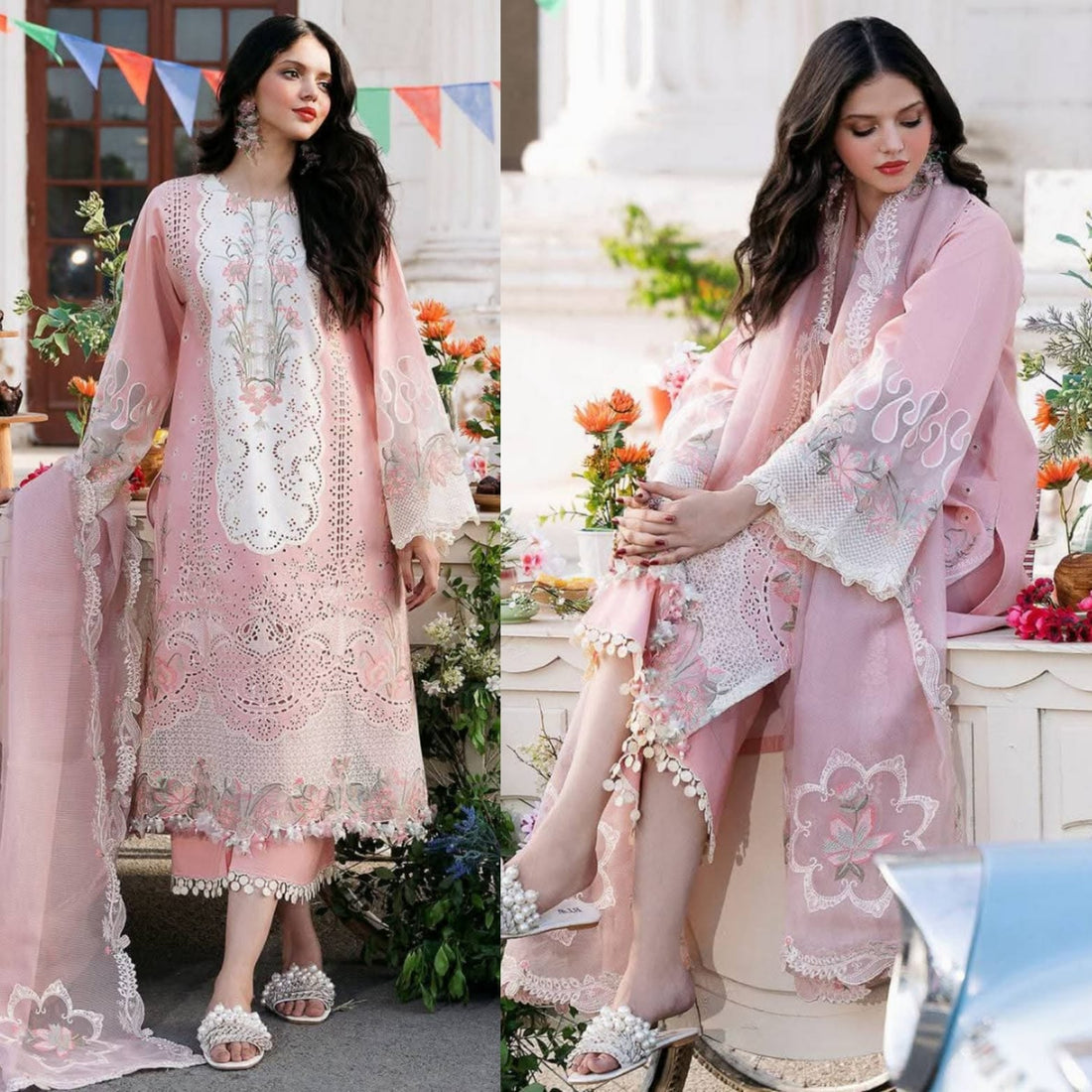 Boring Embroidered Lawn 3 Piece Unstitched Suit with Daman Patch, Embroidered Front Panel, Sleeves Patch and Organza Dupatta with Embroidered Pallu