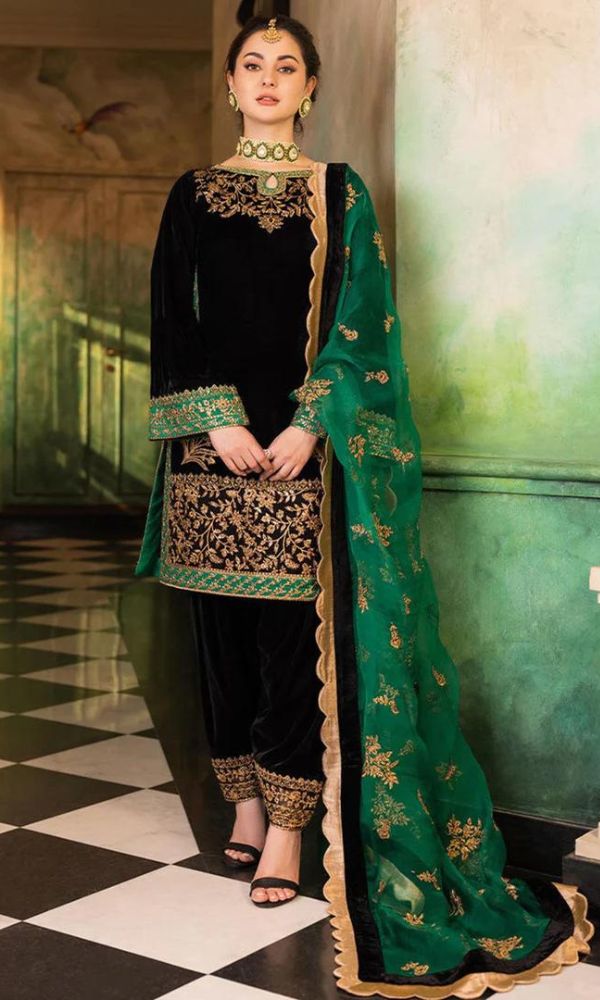 3pc VELVET unstitched heavy embroidered shirt with embroidered trouser patches