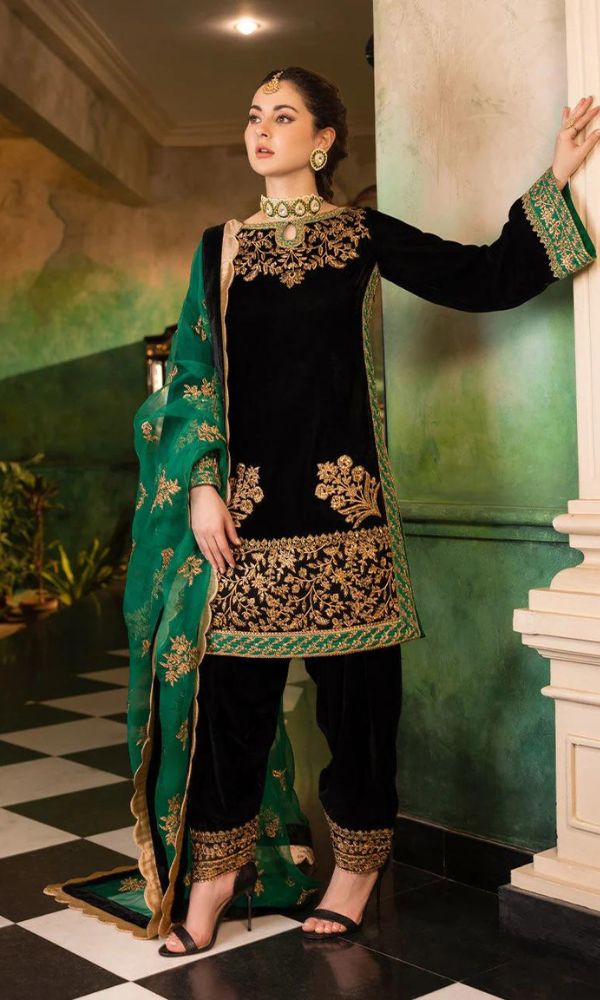 3pc VELVET unstitched heavy embroidered shirt with embroidered trouser patches