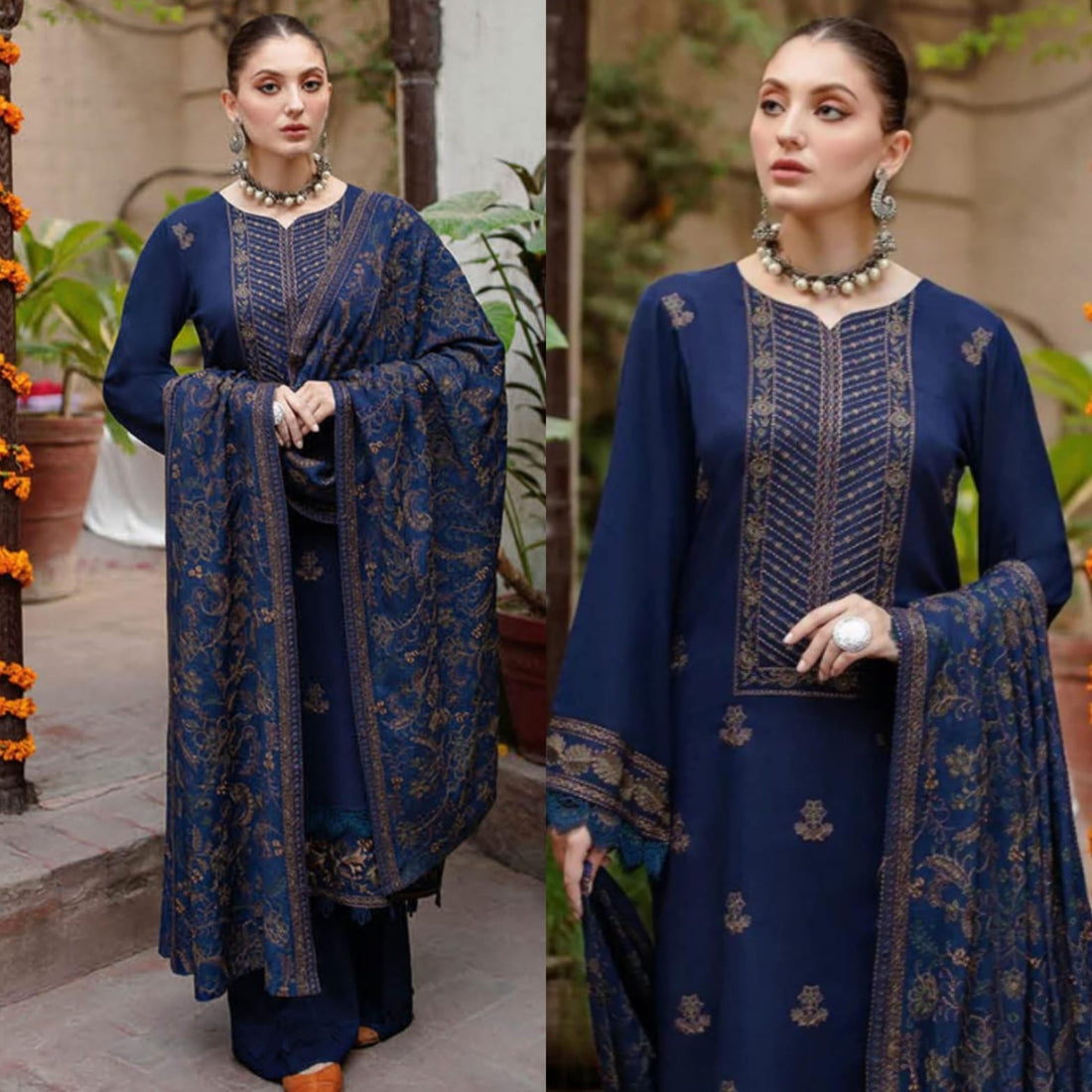 A woman modeling a navy blue traditional outfit with ornate gold embroidery and a matching patterned dupatta, shown in two side-by-side outdoor portrait views.