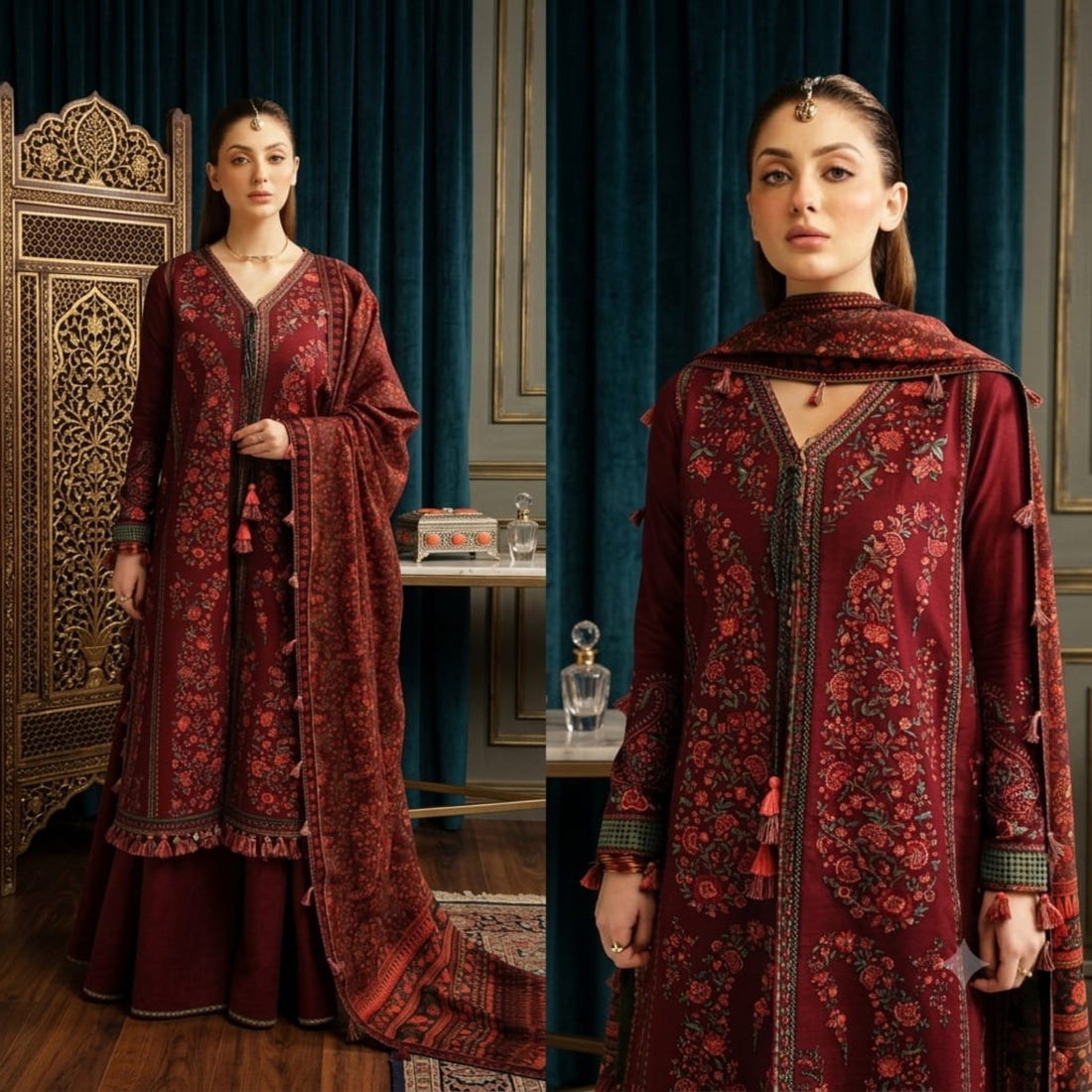 A woman modeling a deep maroon traditional embroidered outfit with a matching dupatta in an ornate interior with dark blue curtains and a carved wooden screen. The outfit features intricate floral embroidery, tassel details, and a split-view presentation showing full-length and close-up views.