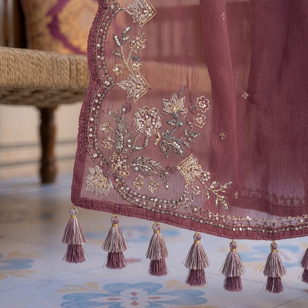 Women's winter sequence embroidered Dhanak 3 piece unstitched suit with embroidered dupatta