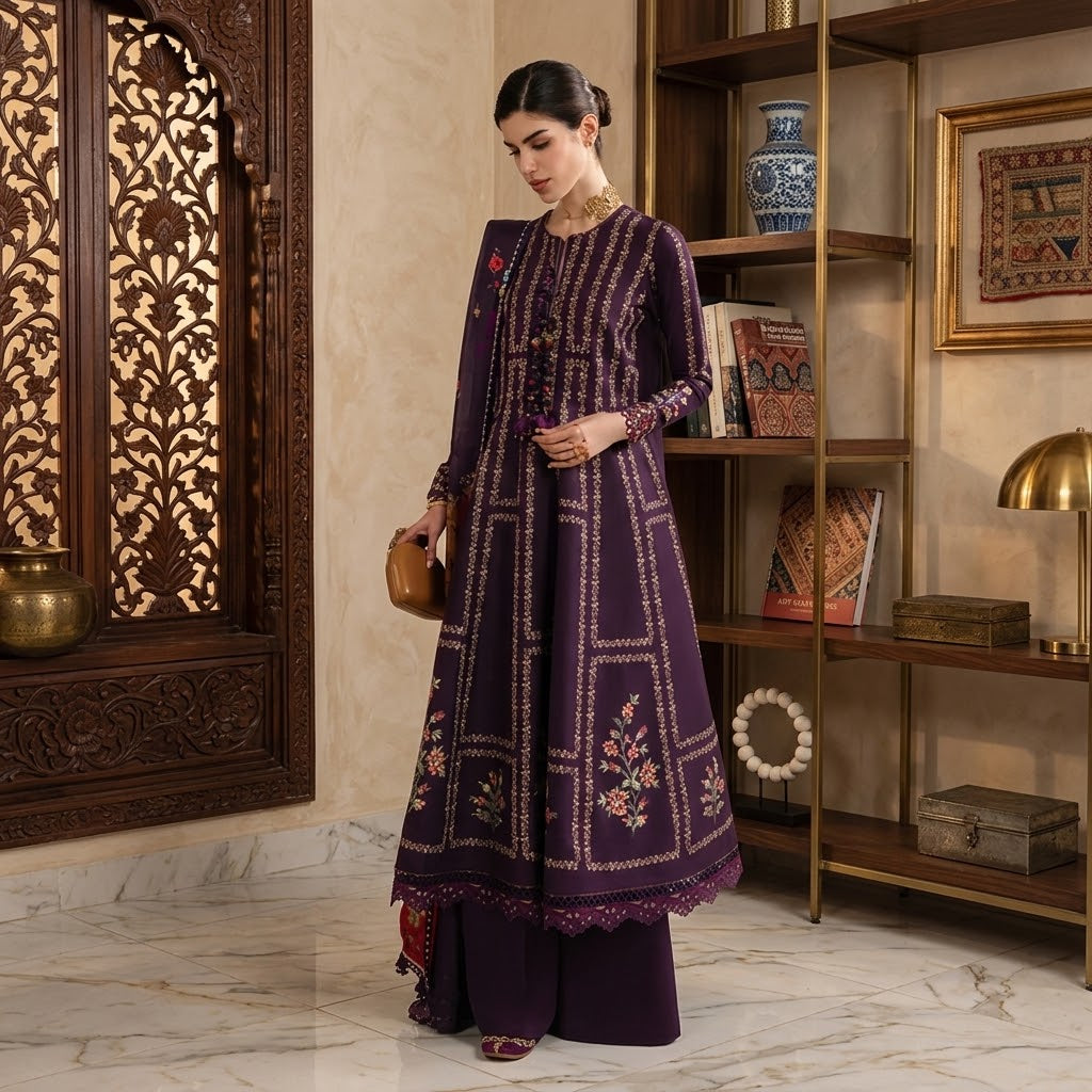 Women's winter embroidered Dhanak 3 piece unstitched suit with digital printed poly wool shawl