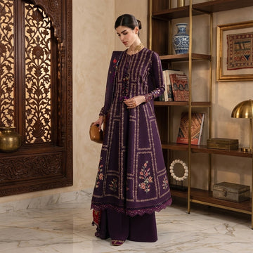 Women's winter embroidered Dhanak 3 piece unstitched suit with digital printed poly wool shawl