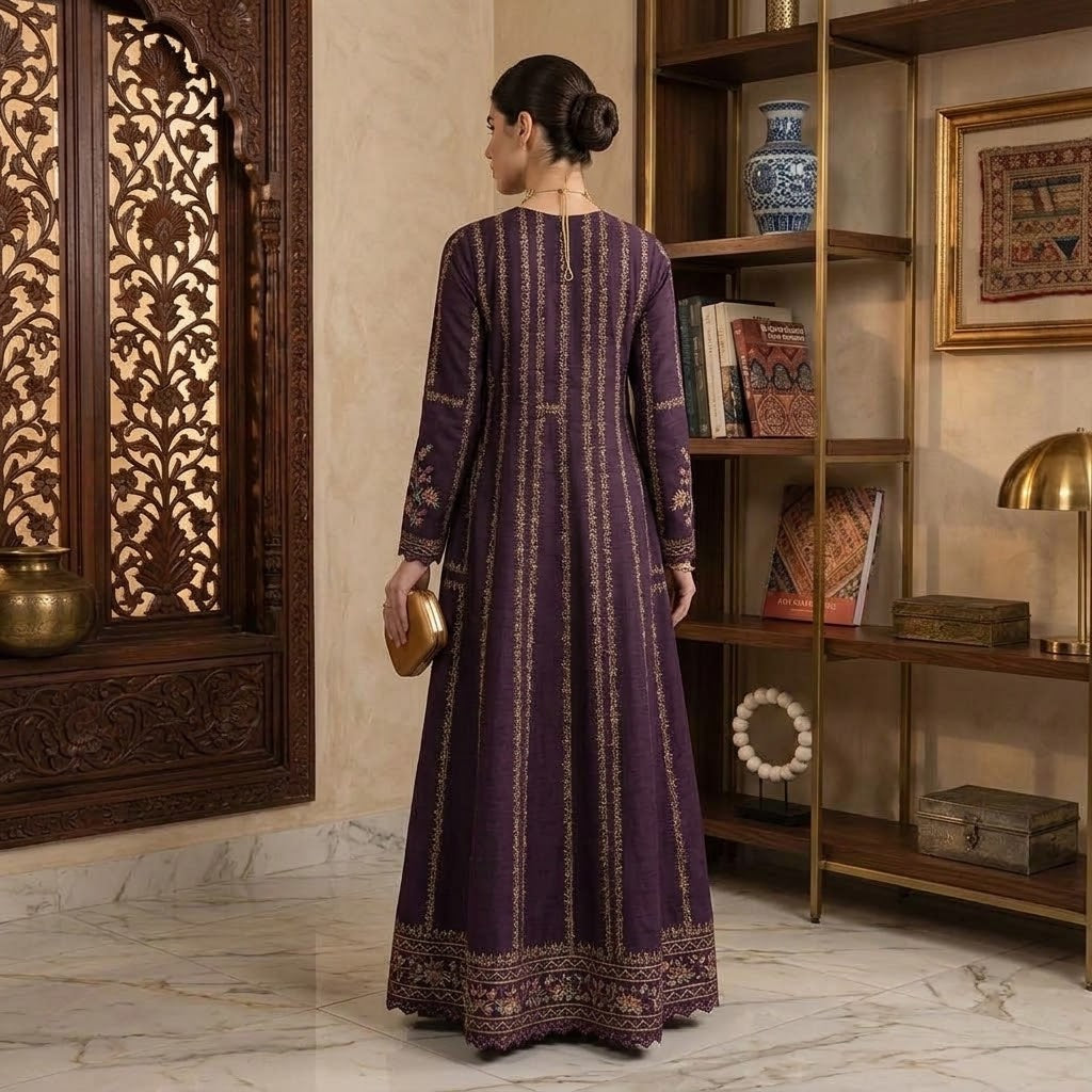 Women's Winter Embroidered Dhanak 3 Piece Suit with Digital Printed Shawl WS-005