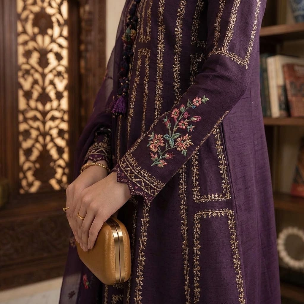 Women's winter embroidered Dhanak 3 piece unstitched suit with digital printed poly wool shawl