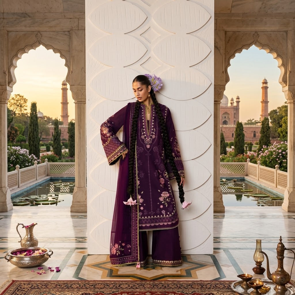 Women's Winter Embroidered Dhanak 3 Piece Suit Shirt Front 
Embroidered Dhanak Sleeves for Women's Winter 3 Piece Suit
Plain Dhanak Backside for Women's Winter Unstitched Suit
Embroidered Bamber Chiffon Dupatta for Women's Winter Dhanak Suit
Plain Dhanak Trouser with Embroidered Patch for Women's Winter Suit
Women's Winter Embroidered Dhanak 3 Piece Suit with Bamber Chiffon Dupatta