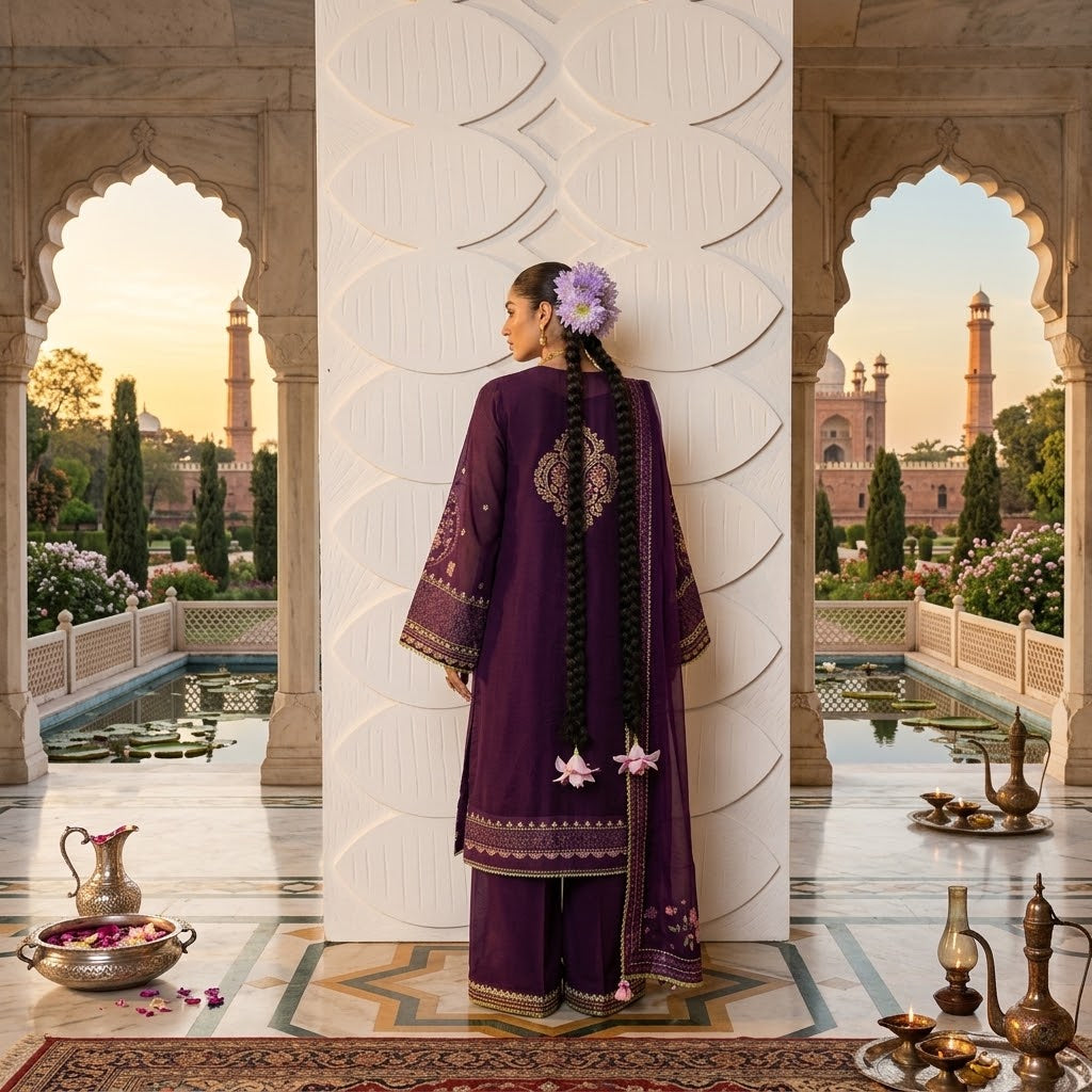 Women's Winter Embroidered Dhanak 3 Piece Suit Shirt Front 
Embroidered Dhanak Sleeves for Women's Winter 3 Piece Suit
Plain Dhanak Backside for Women's Winter Unstitched Suit
Embroidered Bamber Chiffon Dupatta for Women's Winter Dhanak Suit
Plain Dhanak Trouser with Embroidered Patch for Women's Winter Suit
Women's Winter Embroidered Dhanak 3 Piece Suit with Bamber Chiffon Dupatta