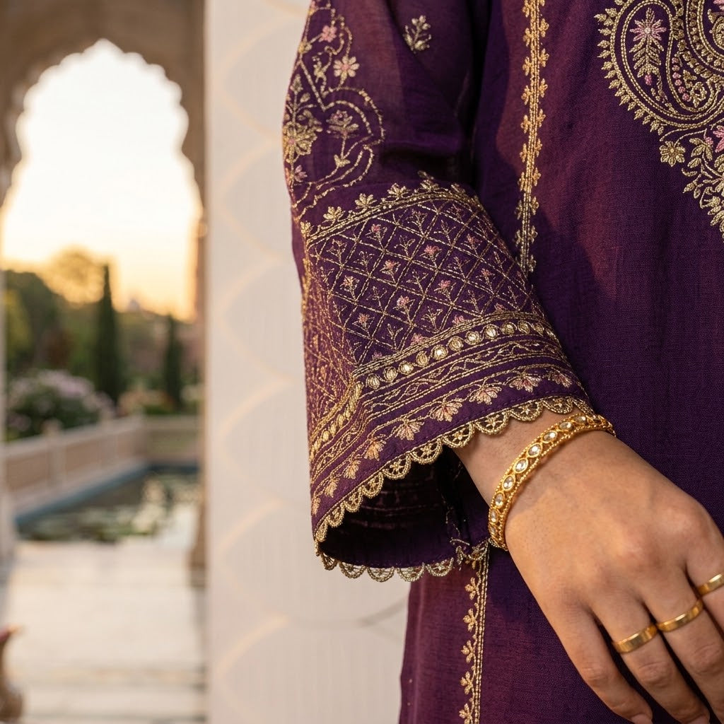 Women's Winter Embroidered Dhanak 3 Piece Suit with Bamber Chiffon Dupatta WS-006