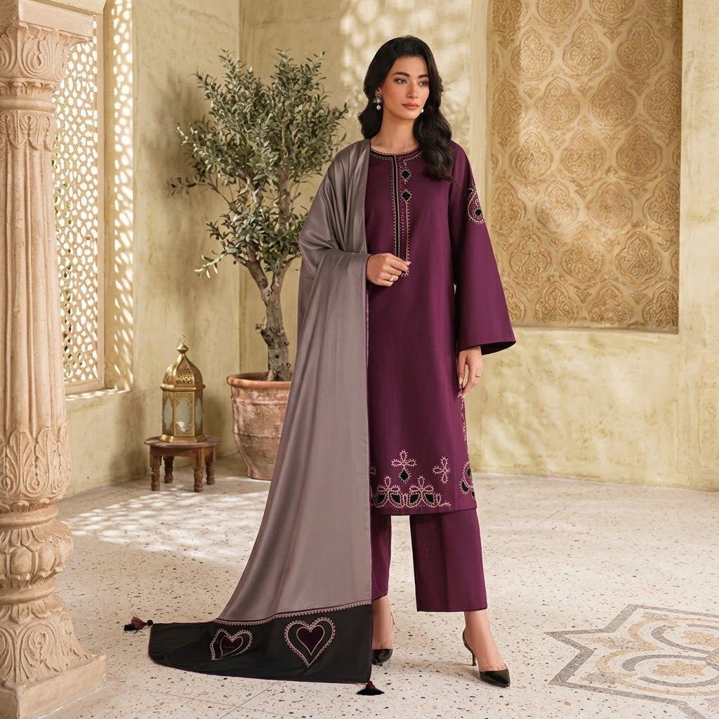 3-Piece Women's Winter Dhanak Embroidered Suit with Shawl & Trouser WS-007