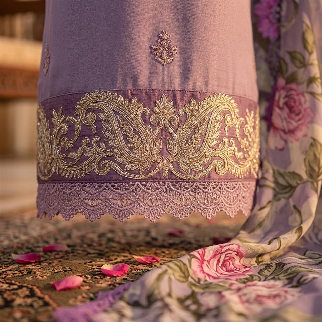 3-Piece Women's Winter Dhanak Embroidered Suit with Digital Printed Poly Wool Shawl WS-009