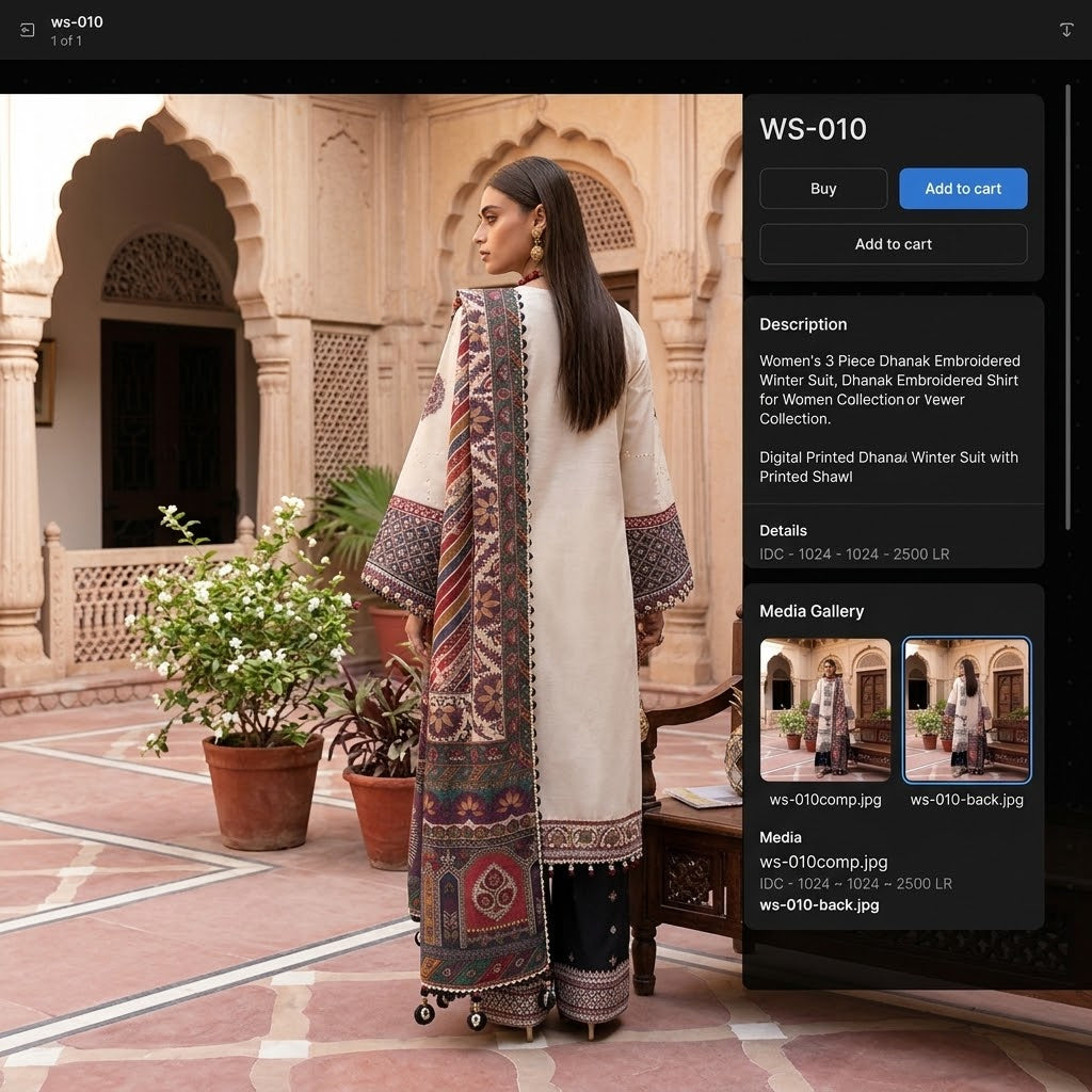 3-Piece Women's Winter Dhanak Embroidered Suit with Digital Printed Poly Wool Shawl WS-010