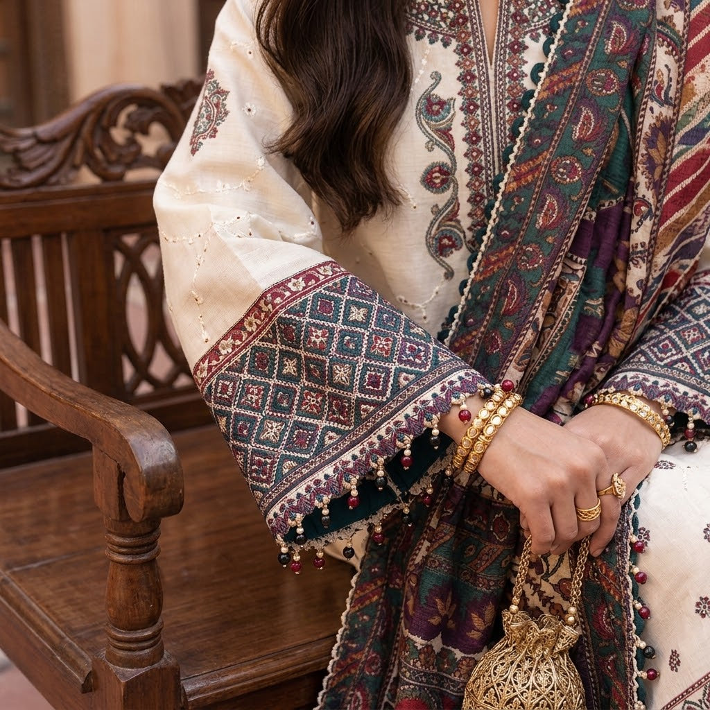 3-Piece Women's Winter Dhanak Embroidered Suit with Digital Printed Poly Wool Shawl WS-010