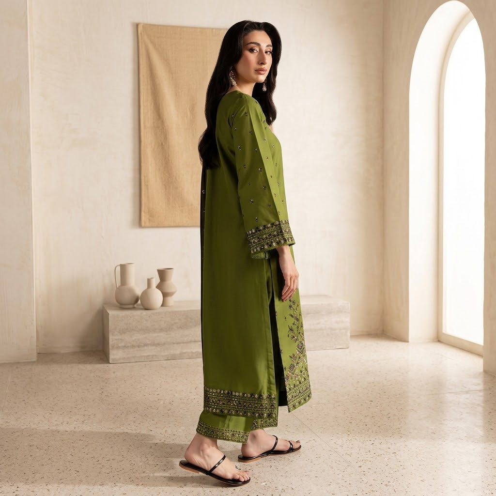 Women's Winter Embroidered Dhanak 3 Piece Suit with Embroidered Shawl WS-011