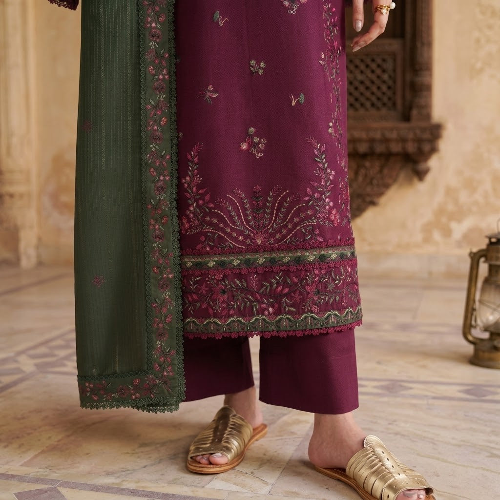 Women's Winter Embroidered Dhanak 3 Piece Unstitched Suit with Embroidered Shawl WS-012