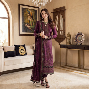 3 Piece Dhanak Winter Suit with Embroidered Shirt, Embroidered Sleeves, Plain Backside, Embroidered Bamber Chiffon Dupatta and Plain Dhanak Trouser