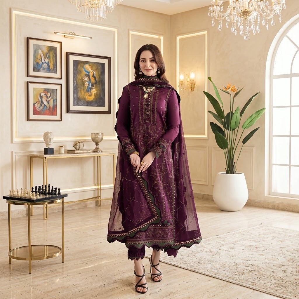 3 Piece Dhanak Winter Suit with Embroidered Shirt, Embroidered Sleeves, Plain Backside, Embroidered Bamber Chiffon Dupatta and Plain Dhanak Trouser