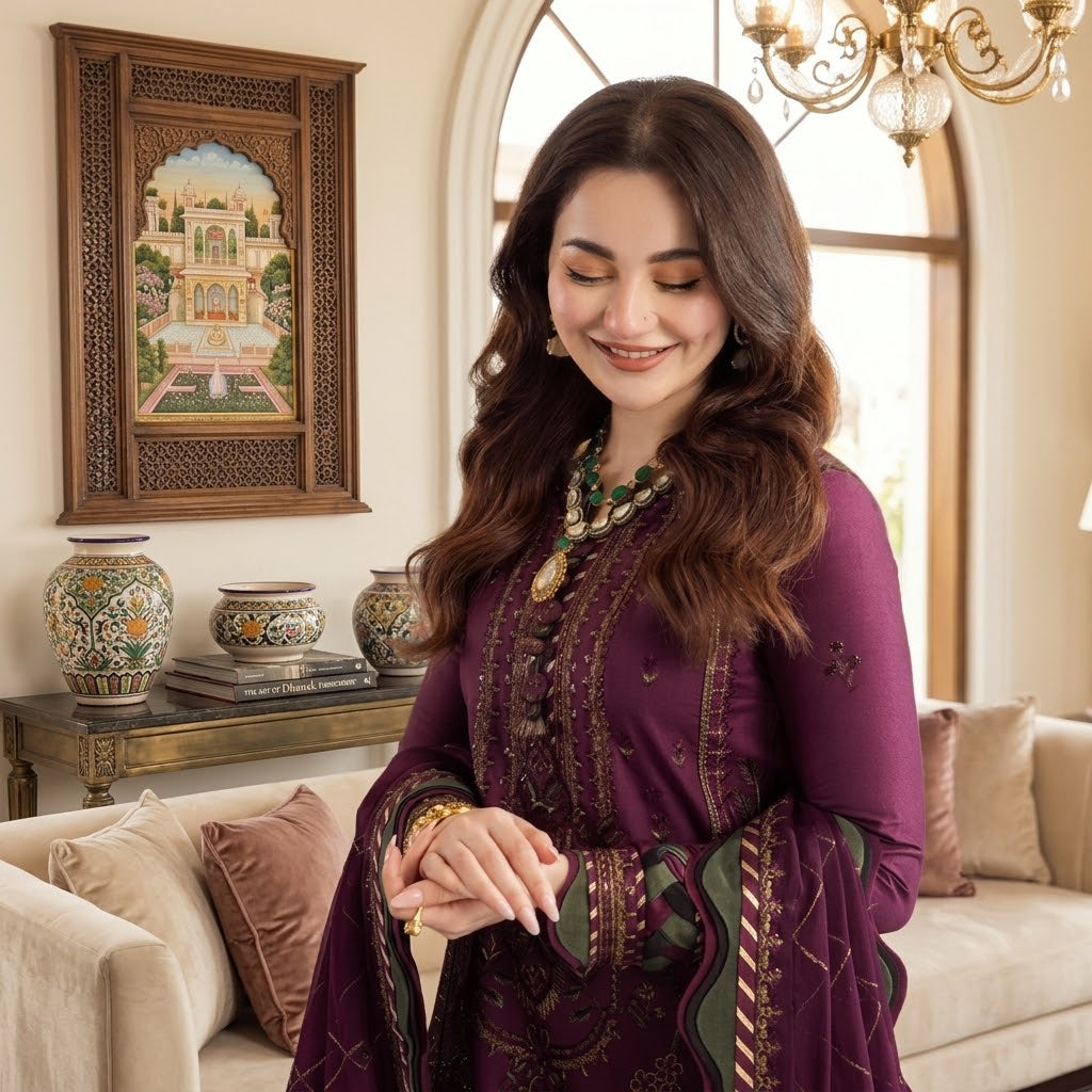 Women's Winter Embroidered Dhanak 3 Piece Unstitched Suit with Bamber Chiffon Dupatta WS-013