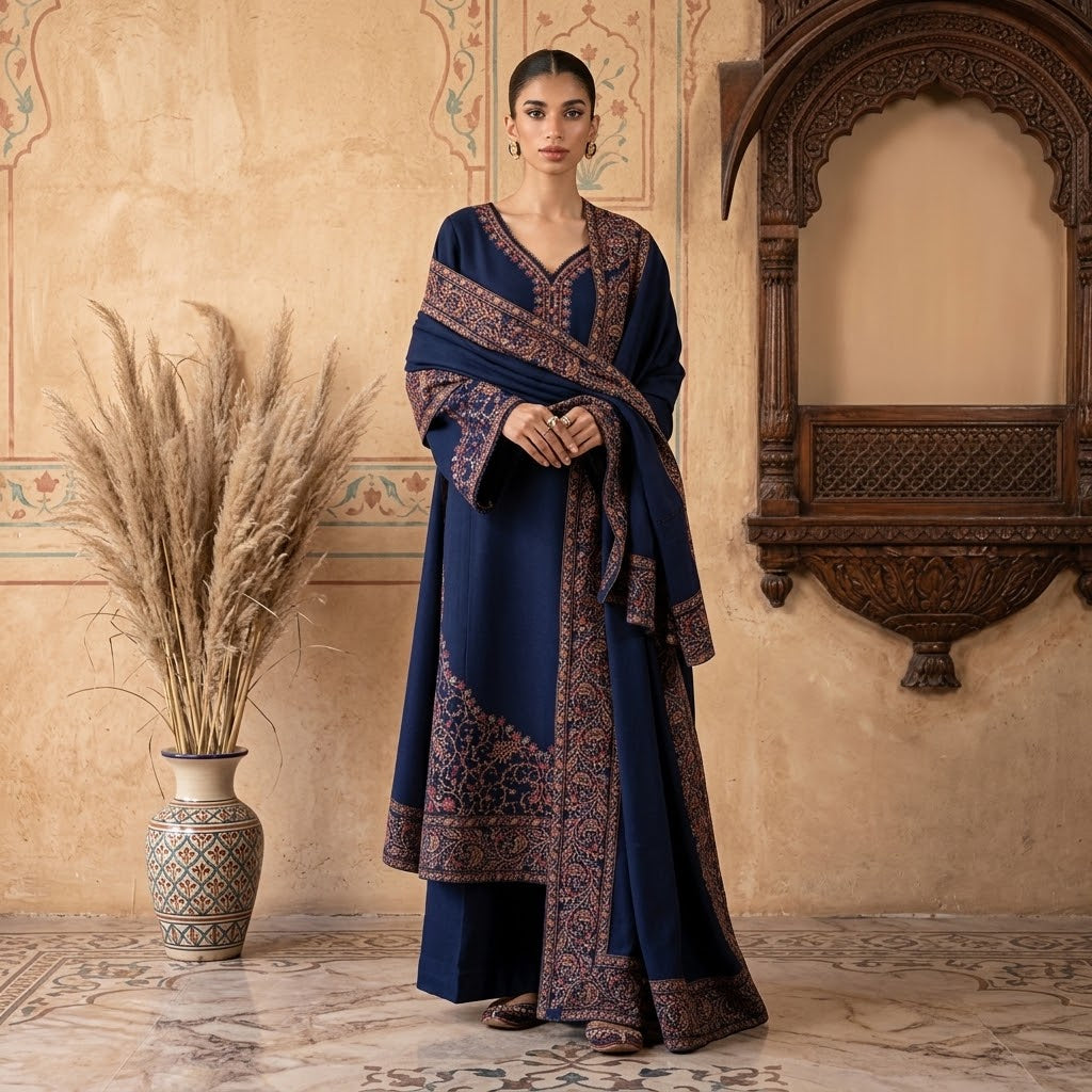3 Piece Dhanak Embroidered Winter Suit with Daman Patch, Embroidered Sleeves, Embroidered Shawl with Pallu Patch and Plain Trouser