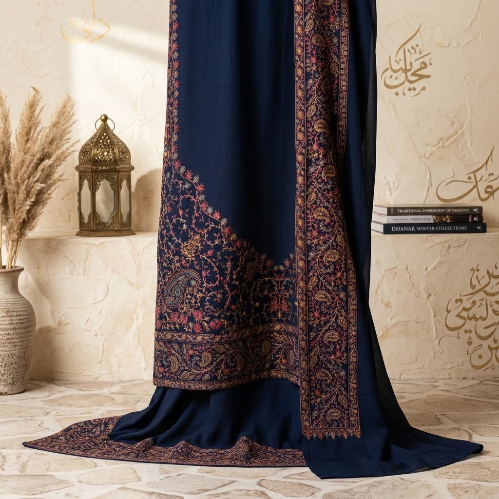 3 Piece Dhanak Embroidered Winter Suit with Daman Patch, Embroidered Sleeves, Embroidered Shawl with Pallu Patch and Plain Trouser