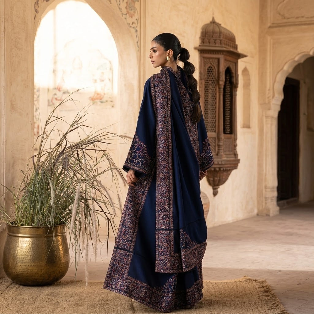 3 Piece Dhanak Embroidered Winter Suit with Shawl & Daman Patch WS-014