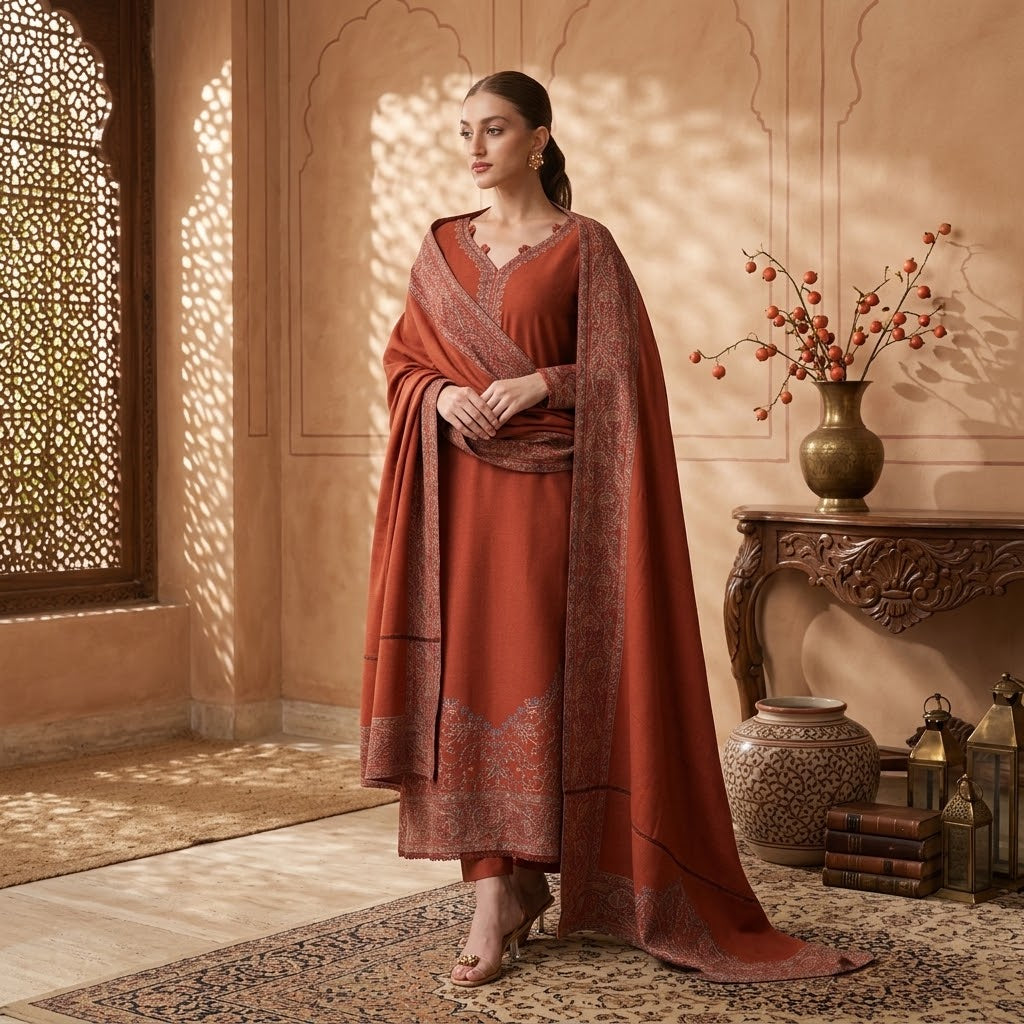 3 Piece Dhanak Embroidered Winter Suit with Daman Patch, Embroidered Sleeves, Shawl with Pallu Patch and Plain Trouser