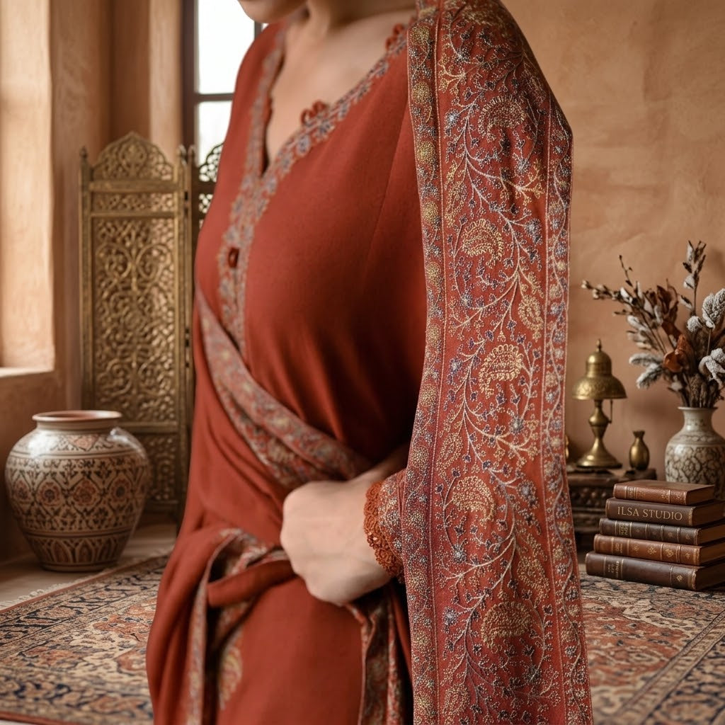 3 Piece Dhanak Embroidered Winter Suit with Daman Patch & Shawl WS-015