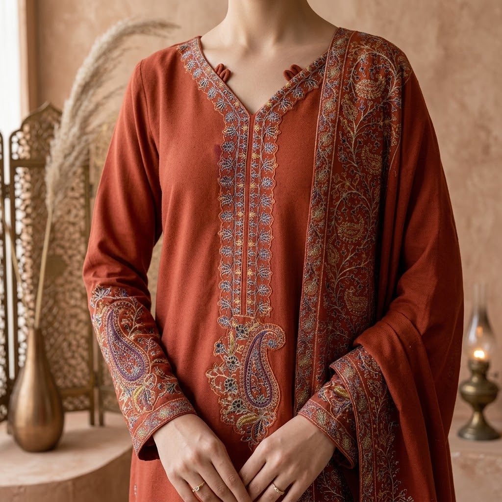 3 Piece Dhanak Embroidered Winter Suit with Daman Patch & Shawl WS-015