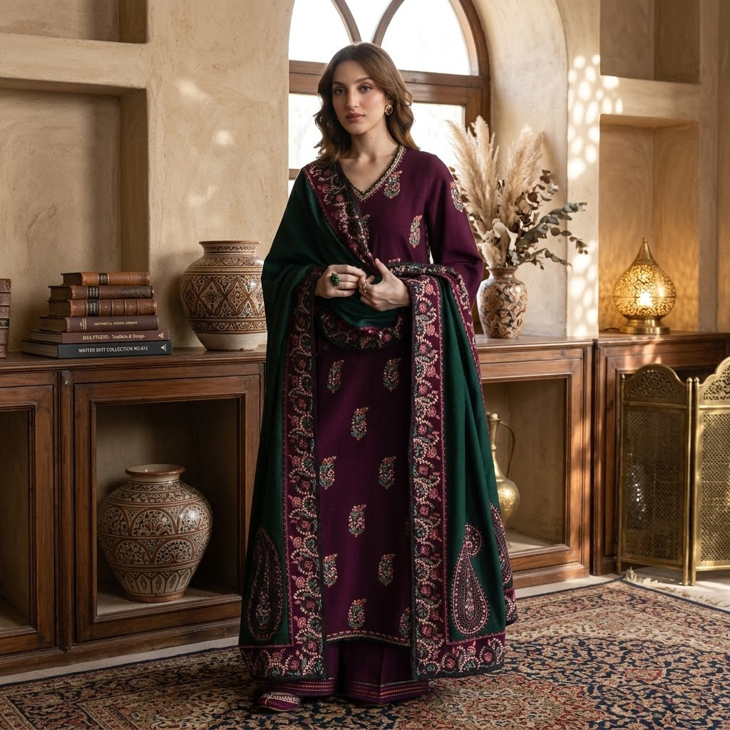 A woman stands indoors wearing a traditional outfit with a deep purple kurta featuring ornate gold and green paisley embroidery, paired with a dark green dupatta and matching embroidered border. The setting is a warm, rustic room with wooden shelves, decorative vases, and a patterned rug.