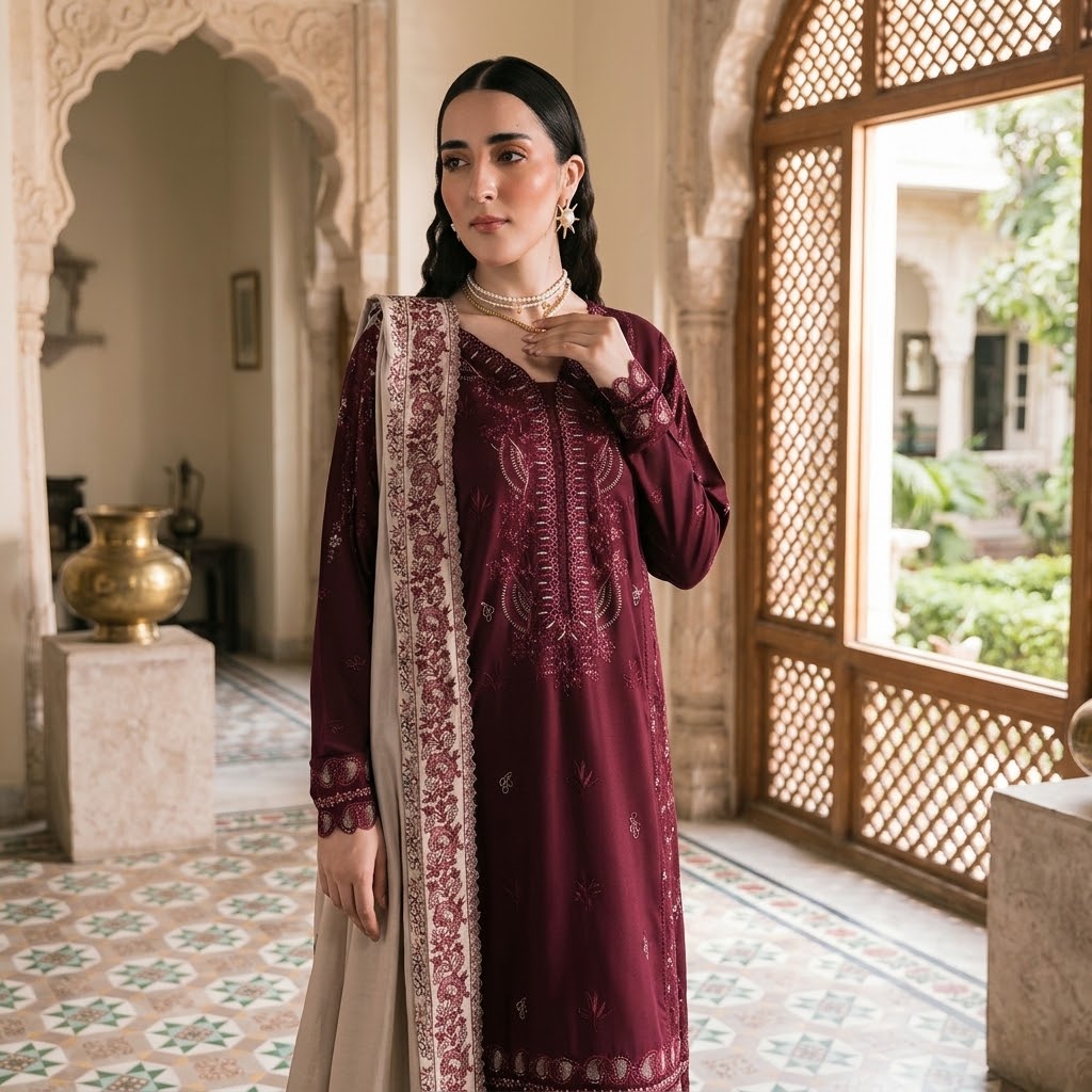 3 Piece Dhanak Embroidered Winter Suit with Daman Patch & Shawl WS-017