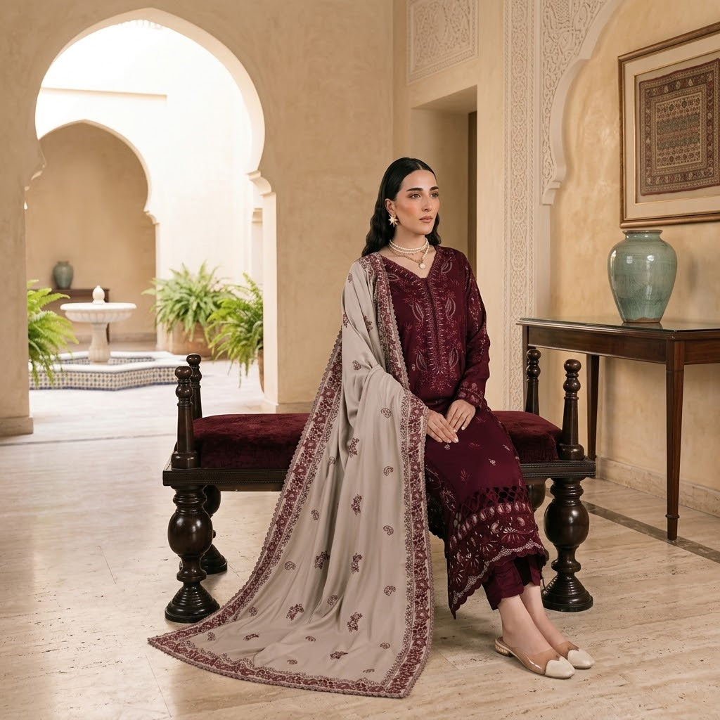 3 Piece Dhanak Embroidered Winter Suit with Daman Patch & Shawl WS-017