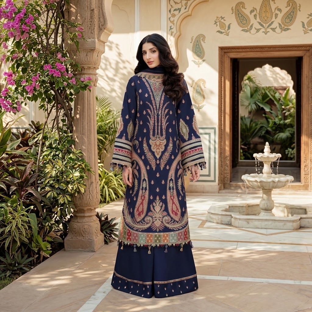 A woman stands outdoors in front of an ornate courtyard with columns, a fountain, and decorative walls, wearing a long navy blue embroidered traditional outfit with intricate multicolor patterns and flared pants.
