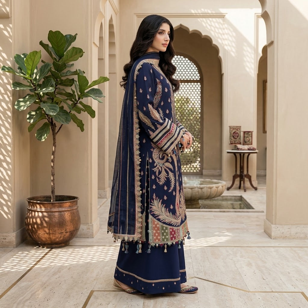 3 Piece Dhanak Embroidered Winter Suit with Chiffon Dupatta & Patches WS-018